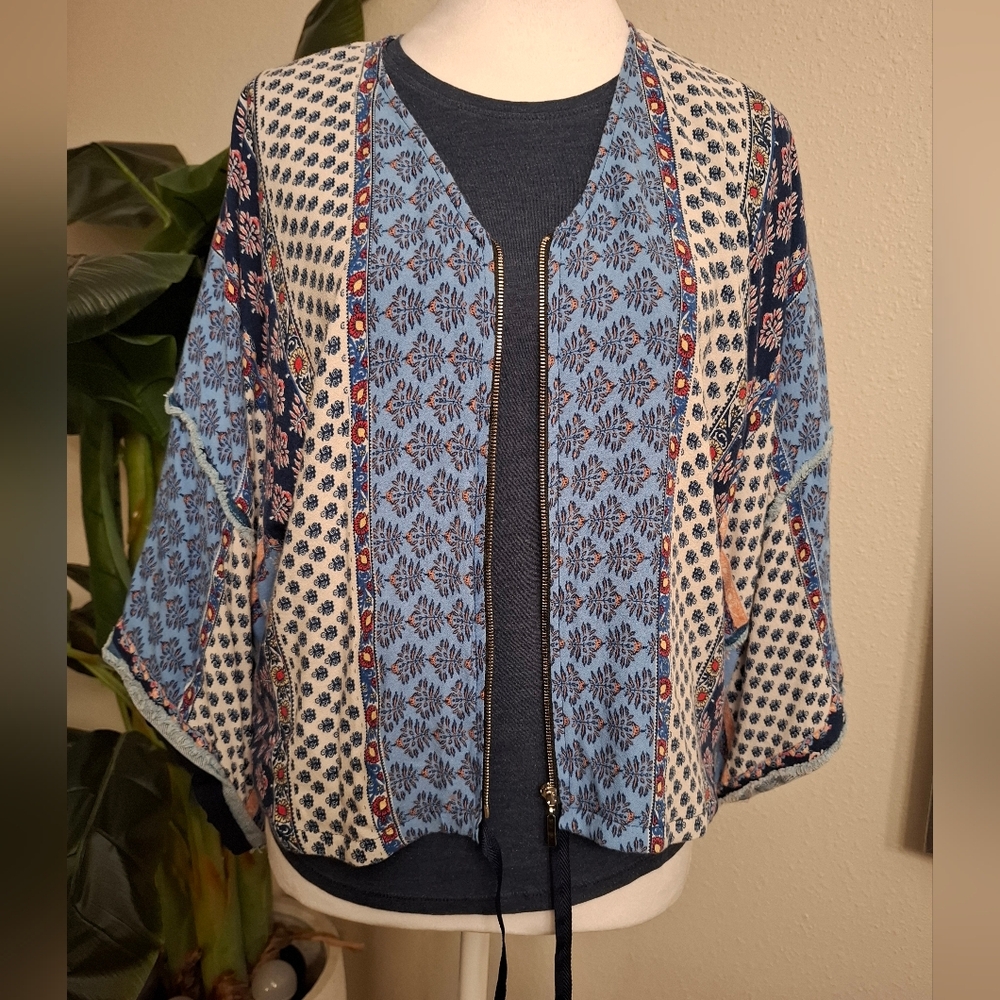 Bershka Navy and White Patterned Cropped Jacket